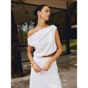 Commense Cotton & Linen One Shoulder Off Blouse White Crop Top Summer Coastal XS